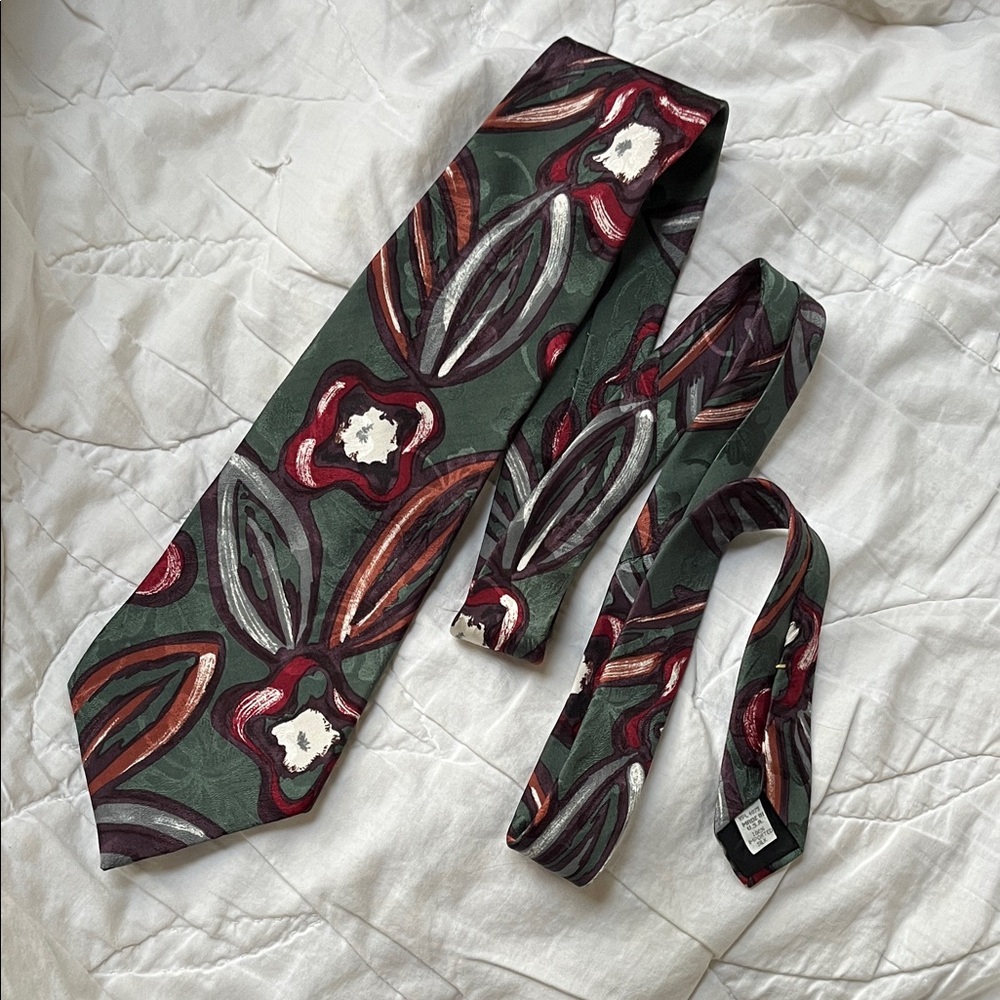 Oscar de la Renta Dark Green Rex white Floral Silk Scarf Tie vintage USA Y2K 90s